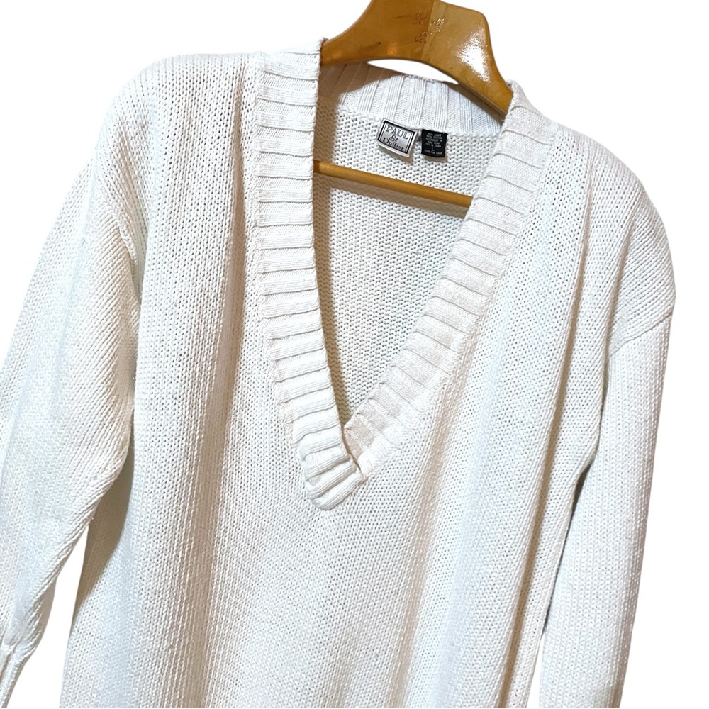 Vintage V Neck Paul Et Duffier White Cotton Ramie Deep V-Neck Knit Sweater Sz L - Picture 9 of 12